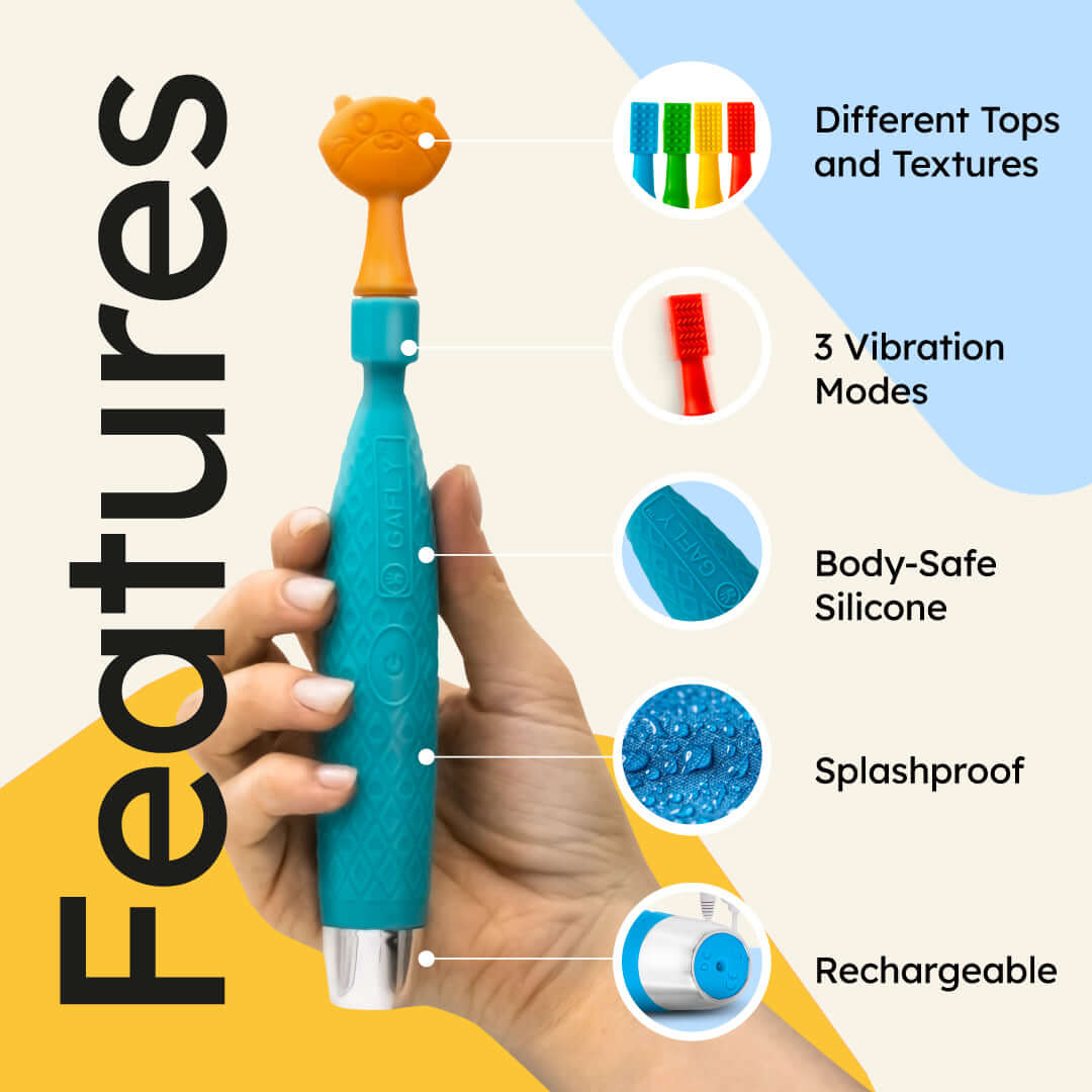 Vibrating Chewy for Sensory Oral Therapy features different tops, textures, 3 vibration modes, body-safe silicone, and is rechargeable. | vibrating chewy