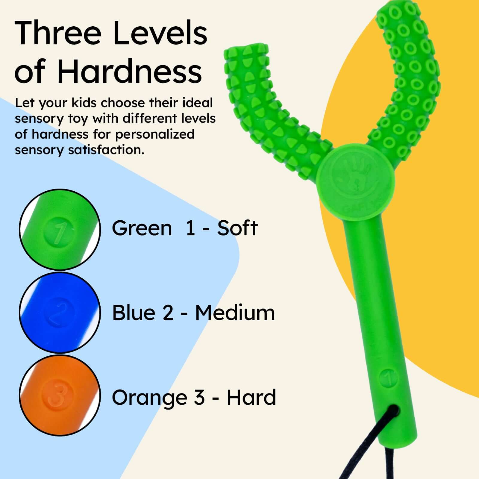 Sensory Chewy for Children showing three levels of hardness: green, blue, and orange for personalized sensory relief. | FlexiChew pack of 3 silicone chew