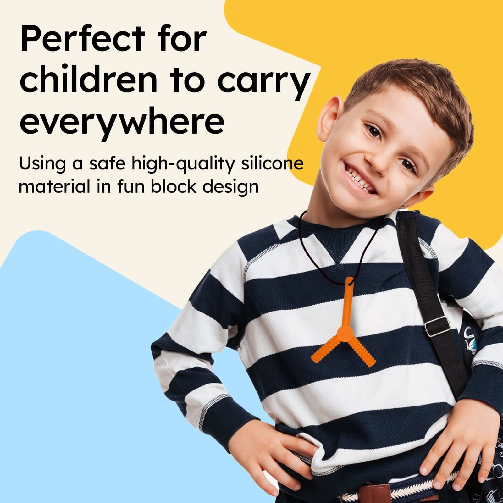 Sensory Chewy for Children worn by a boy, showcasing safe silicone material and fun block design. | gafly sensory chewy toys for children | sensory chewy toys