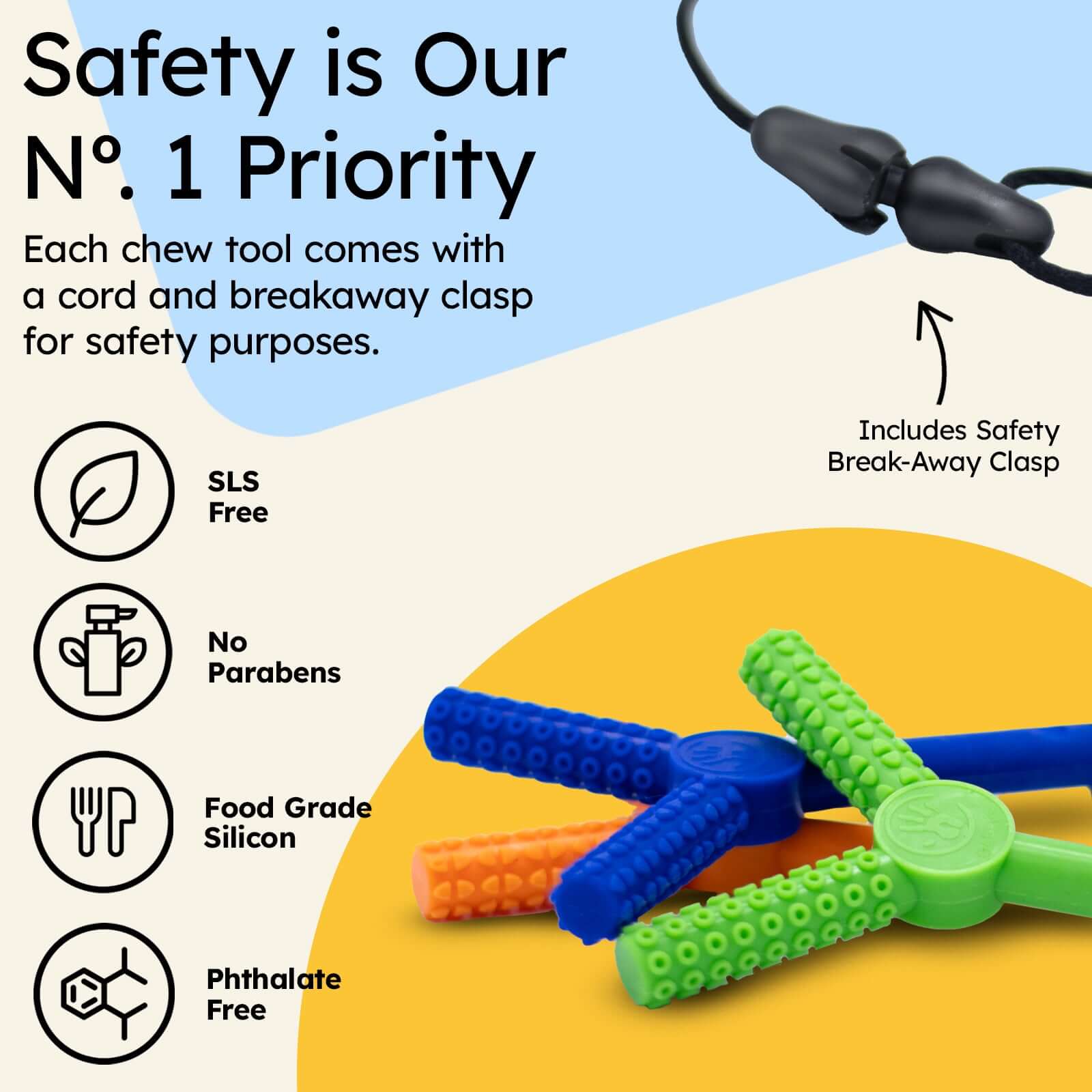 Safety features of Sensory Chewy for Children with breakaway clasp, SLS free, no parabens, food grade silicone, phthalate free. | flexichew | gafly sensory chewy toys for children
