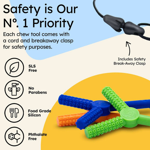 Safety features of Sensory Chewy for Children with breakaway clasp, SLS free, no parabens, food grade silicone, phthalate free. | flexichew | gafly sensory chewy toys for children