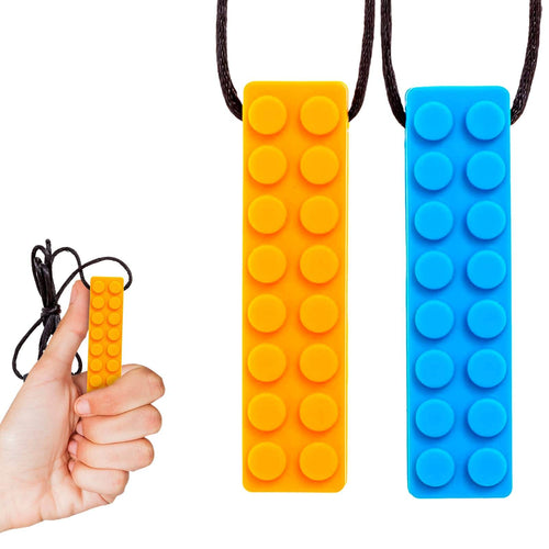 Sensory Chewing Necklace for kids with autism and ADHD, featuring orange and blue textured design. | silicone sensory chew necklace