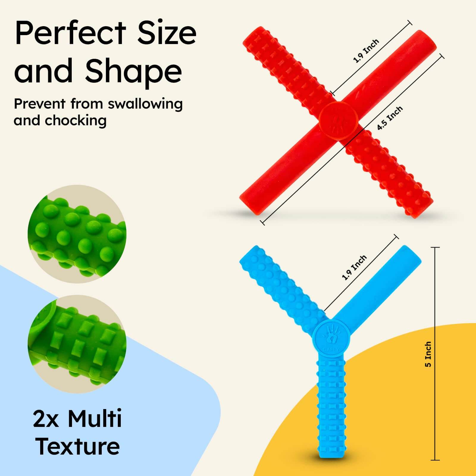 X's and Y's Sensory Chew Toys for Children with Autism (5 Pack) showing perfect size, shape, and multi-texture design. | X’s and Y’s sensory chew toys for children with autism