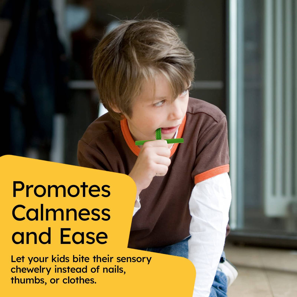 Child using X's and Y's Sensory Chew Toys for Children with Autism (5 Pack) to promote calmness and ease. | Gafly X's and Y's Sensory Chew Toys