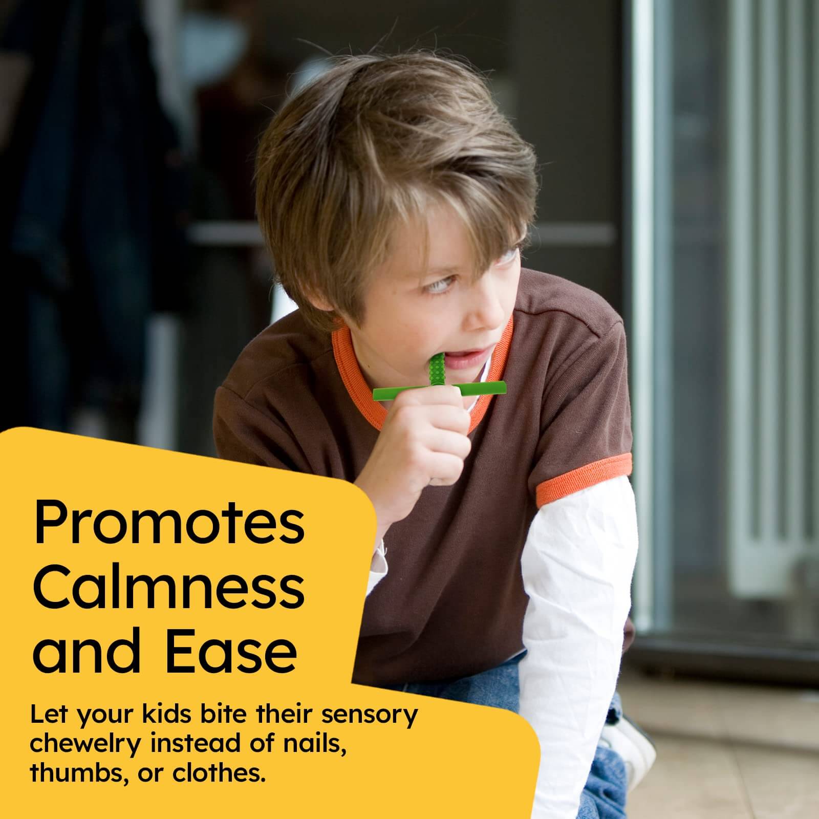 Child using X's and Y's Sensory Chew Toys for Children with Autism (5 Pack) to promote calmness and ease. | Gafly X's and Y's Sensory Chew Toys