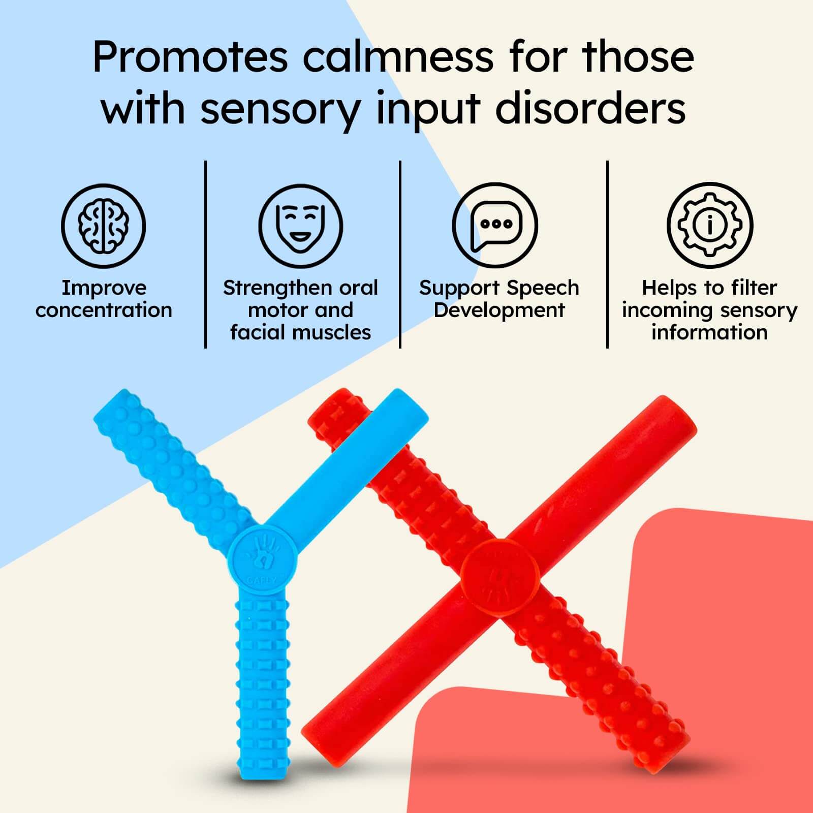 X's and Y's Sensory Chew Toys for Children with Autism (5 Pack) in red and blue, promoting calmness and sensory support. | gafly Sensory Chew toys