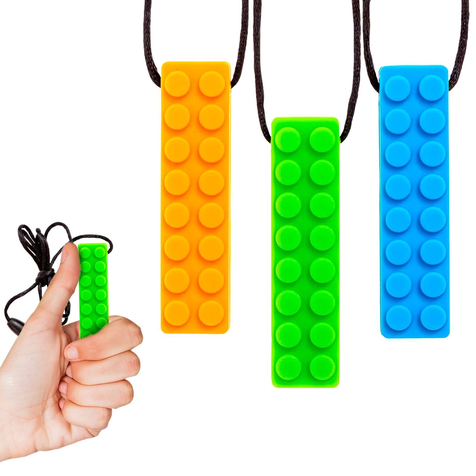 Sensory Chewing Necklace for kids in bright colors, designed for autism and ADHD, showcasing different sizes and textures. | silicone sensory chew necklace